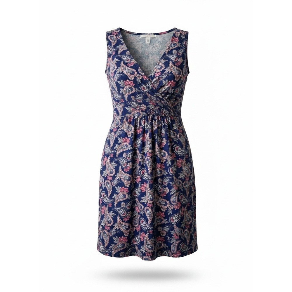 Lands End Womens XL 18 Navy Pink Paisley Sleeveless Wrap Neck Empire Waist Dress